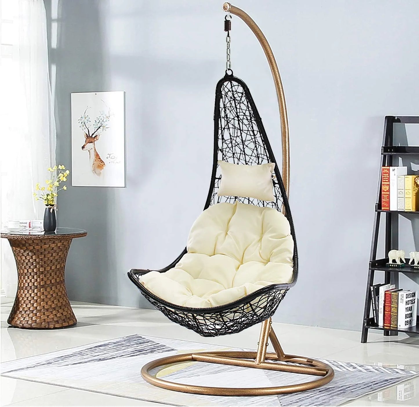 J.M.Deco Porch Swing Chair with Stand, Cushion & Pillow, Goldden Egg Rattan Wicker Swing Hanging Chair, Hammock Chair for Indoor, Outdoor, Garden, Backyard & Patio