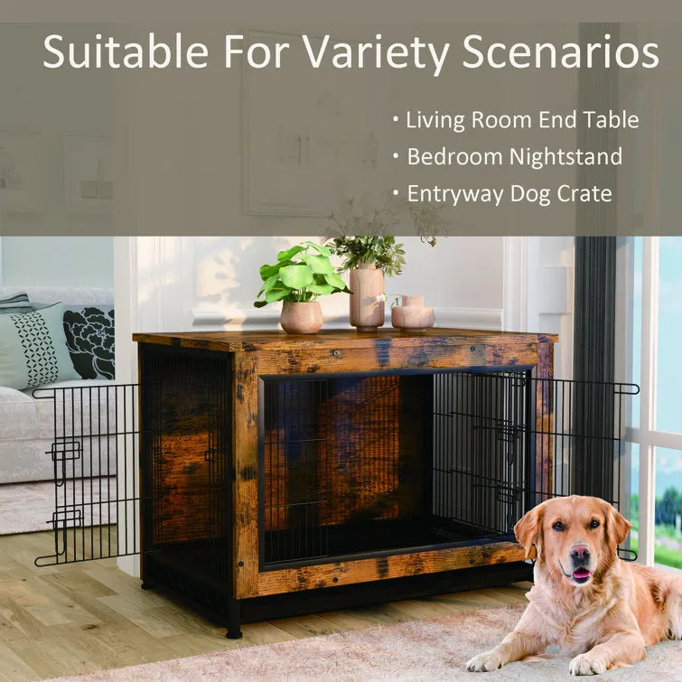 Industrial Style Rustic Brown Wooden Dog Kennel With Three Doors, Indoor Pet Furniture Dog Crate End Table