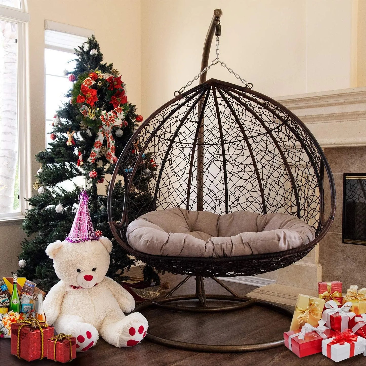 J.M.Deco Porch Swing Chair with Stand, Cushion & Pillow, Goldden Egg Rattan Wicker Swing Hanging Chair, Hammock Chair for Indoor, Outdoor, Garden, Backyard & Patio