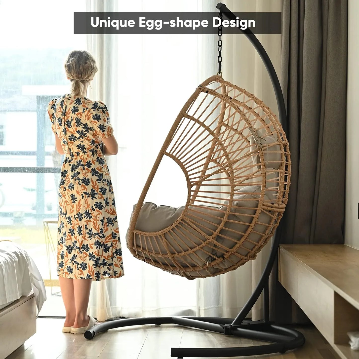 JOYBASE Hanging Egg Chair with Stand, Outdoor Wicker Rattan Egg Swing Chair with Stand and Cushion for Indoor Outdoor Bedroom Patio Garden (Grey/Black)