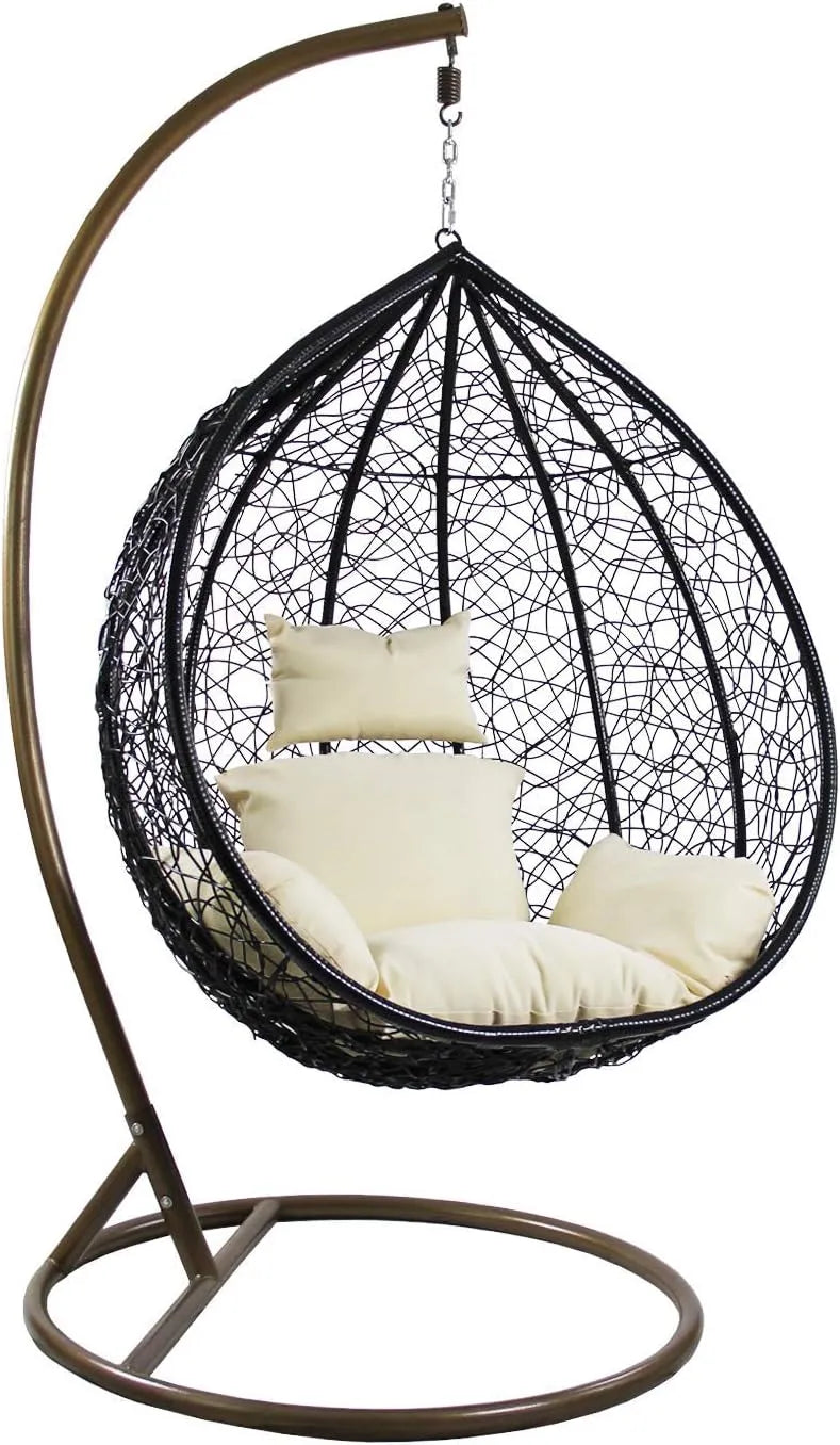 J.M.Deco Porch Swing Chair with Stand, Cushion & Pillow, Goldden Egg Rattan Wicker Swing Hanging Chair, Hammock Chair for Indoor, Outdoor, Garden, Backyard & Patio