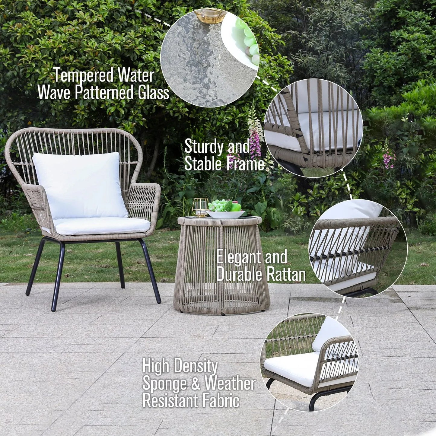 3-Piece Outdoor Rattan Conversation Set With Cushions