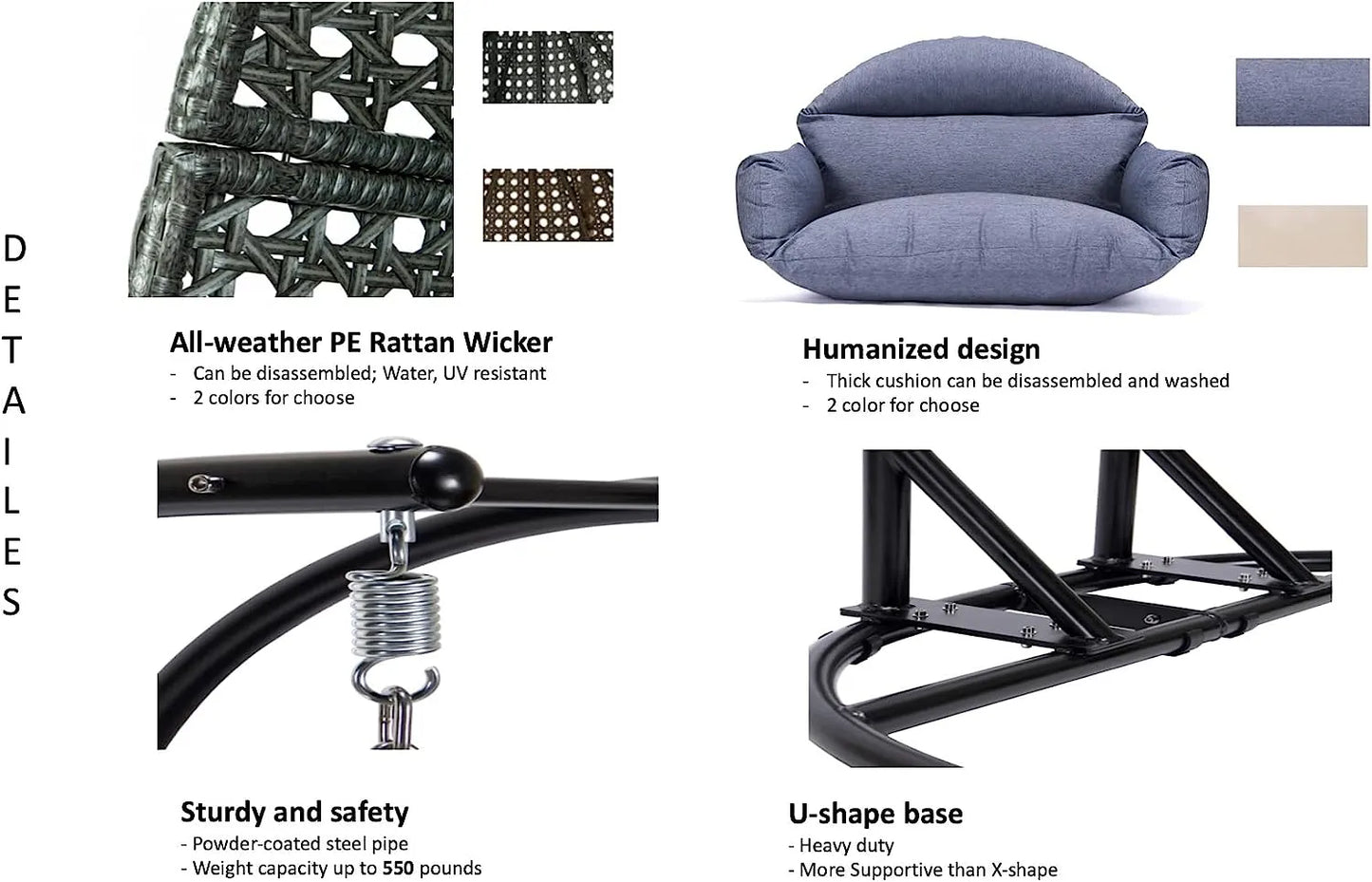 Hanging Egg Chair with Stand, 2 Person Heavy Duty Hanging Wicker Rattan Swing Chair Basket Hammock Nest Chair Seat for Indoor Outdoor Patio Lounger Swinging Loveseat (Beige)