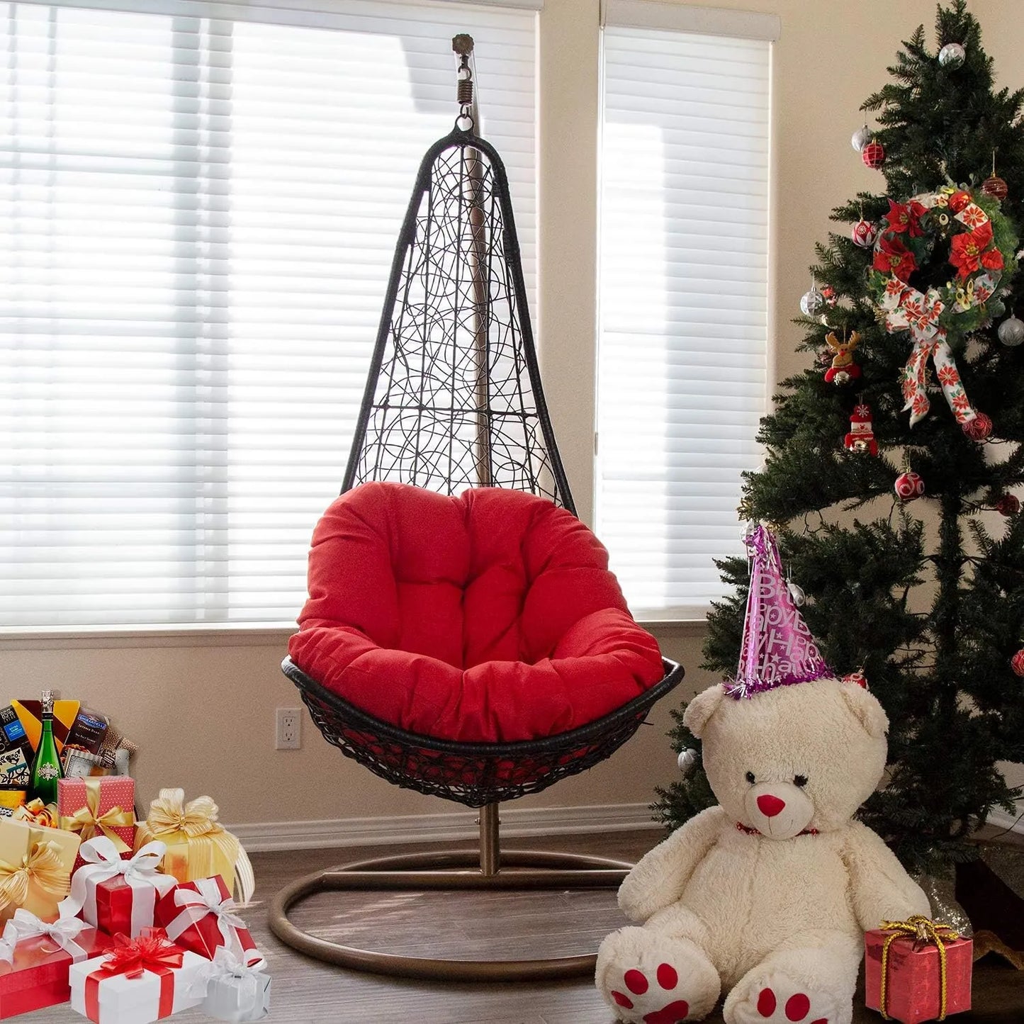 J.M.Deco Porch Swing Chair with Stand, Cushion & Pillow, Goldden Egg Rattan Wicker Swing Hanging Chair, Hammock Chair for Indoor, Outdoor, Garden, Backyard & Patio