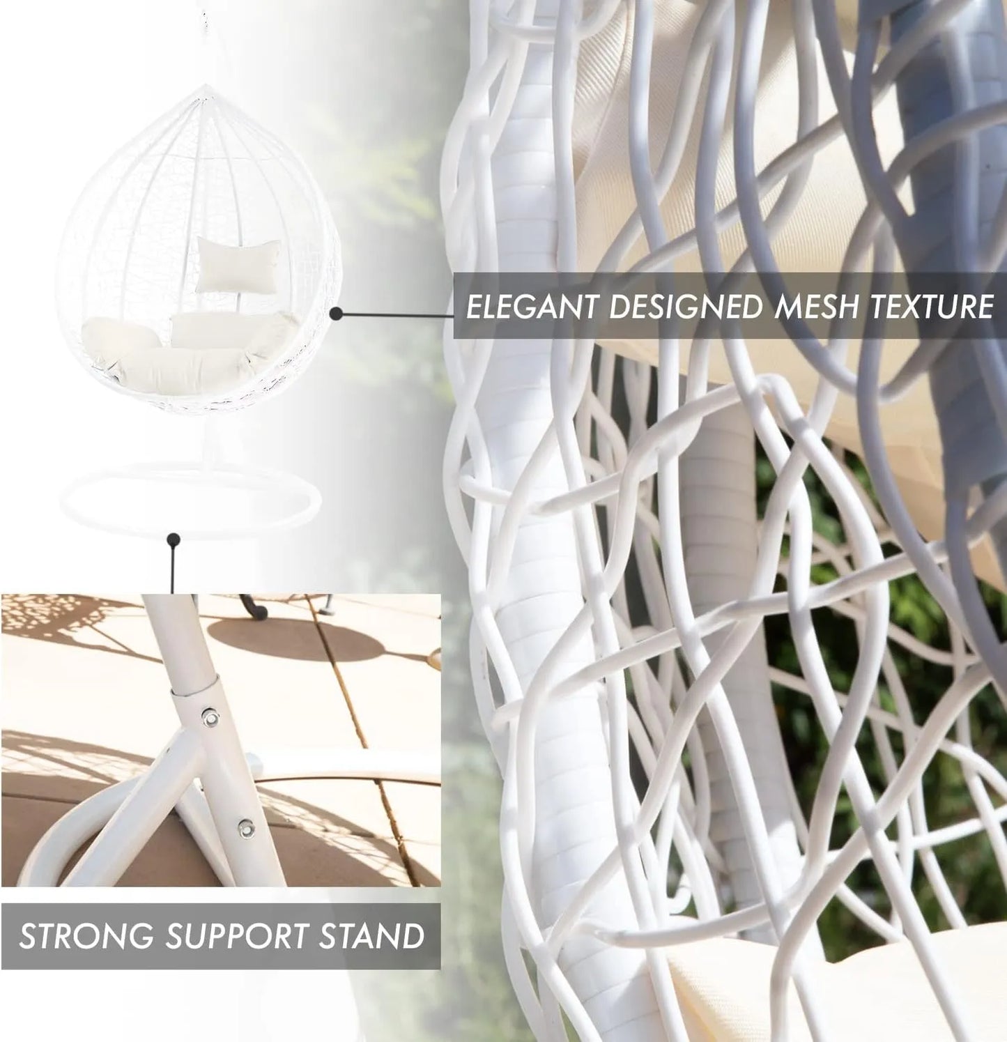 J.M.Deco Porch Swing Chair with Stand, Cushion & Pillow, Goldden Egg Rattan Wicker Swing Hanging Chair, Hammock Chair for Indoor, Outdoor, Garden, Backyard & Patio