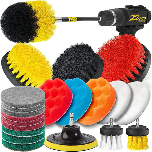 22Piece Drill Brush Attachments Set, Scrub Pads & Sponge, Buffing Pads, Power Scrubber Brush with Extend Long Attachment, Car Polishing Pad Kit
