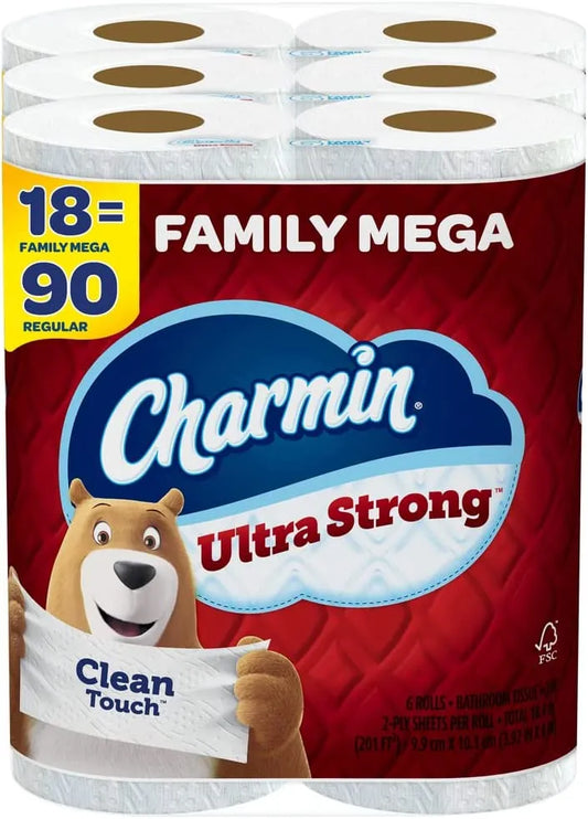 Strong Clean Touch Toilet Paper, 18 Family Mega Rolls = 90 Regular Rolls