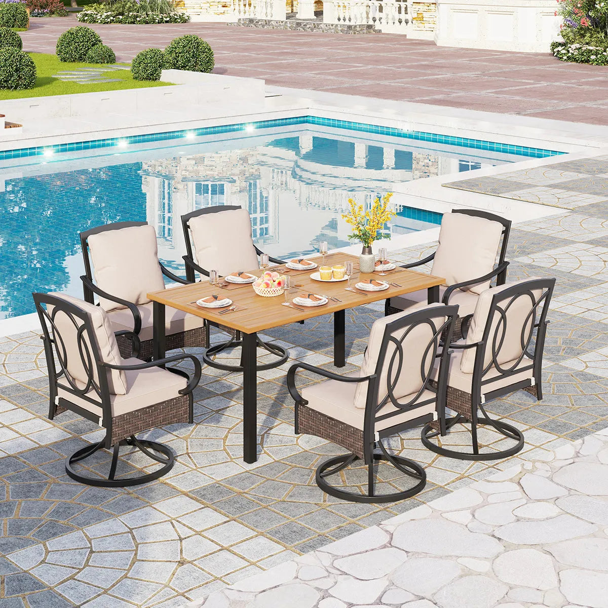7-Piece Patio Dining Set With 6 Cushioned Steel & Rattan Chairs and Rectangle Table