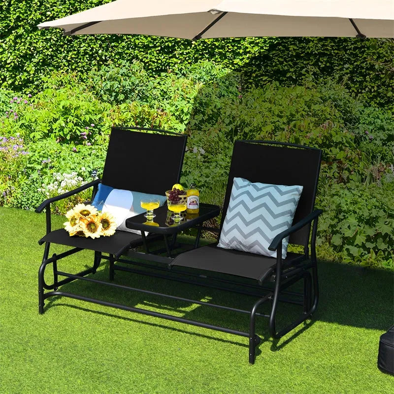 Outdoor 2-Person Rocking Loveseat Patio Bench Glider Chair with Center Tempered Glass Table