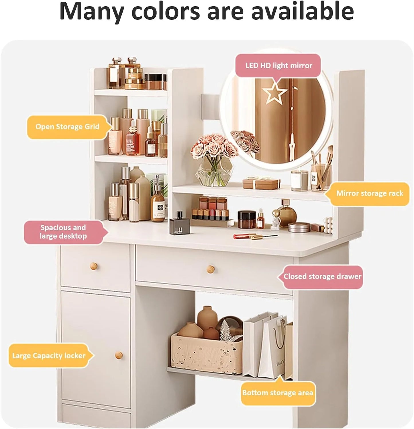 Makeup Vanity - Vanity Table with Three Adjustable Mirror Lightings, Added Storage Shelf, Multiple Chairs, Makeup Table for Bedroom