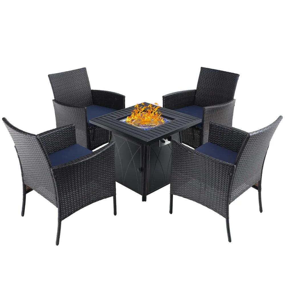 5-Piece Patio Fire Pit Set Rattan Dining Chairs & 50,000BTU Square Fire Pit Table