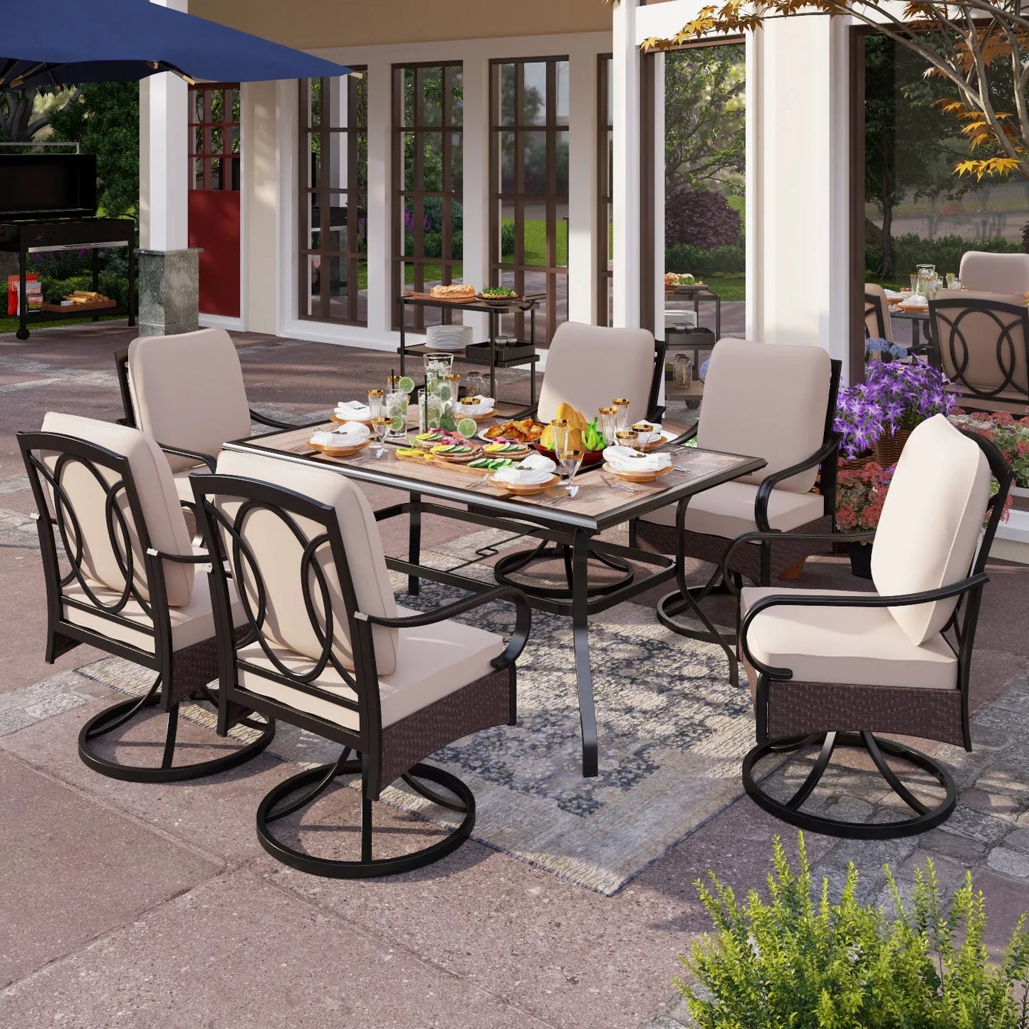 7-Piece Patio Dining Set With 6 Cushioned Steel & Rattan Chairs and Rectangle Table