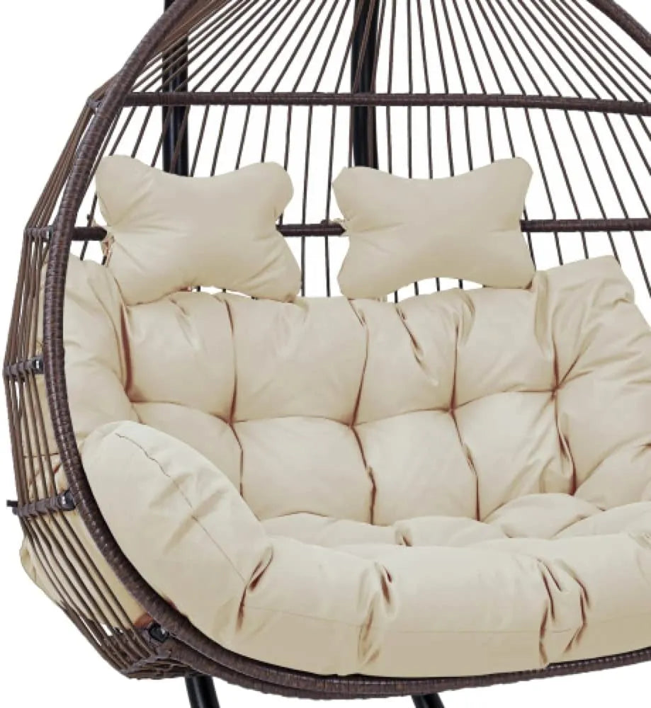Hanging Egg Chair with Stand, 2 Person Heavy Duty Hanging Wicker Rattan Swing Chair Basket Hammock Nest Chair Seat for Indoor Outdoor Patio Lounger Swinging Loveseat (Beige)
