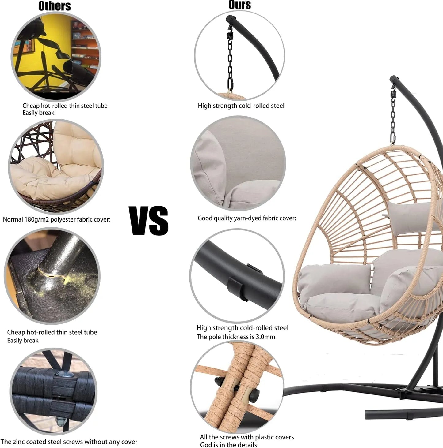 JOYBASE Hanging Egg Chair with Stand, Outdoor Wicker Rattan Egg Swing Chair with Stand and Cushion for Indoor Outdoor Bedroom Patio Garden (Grey/Black)