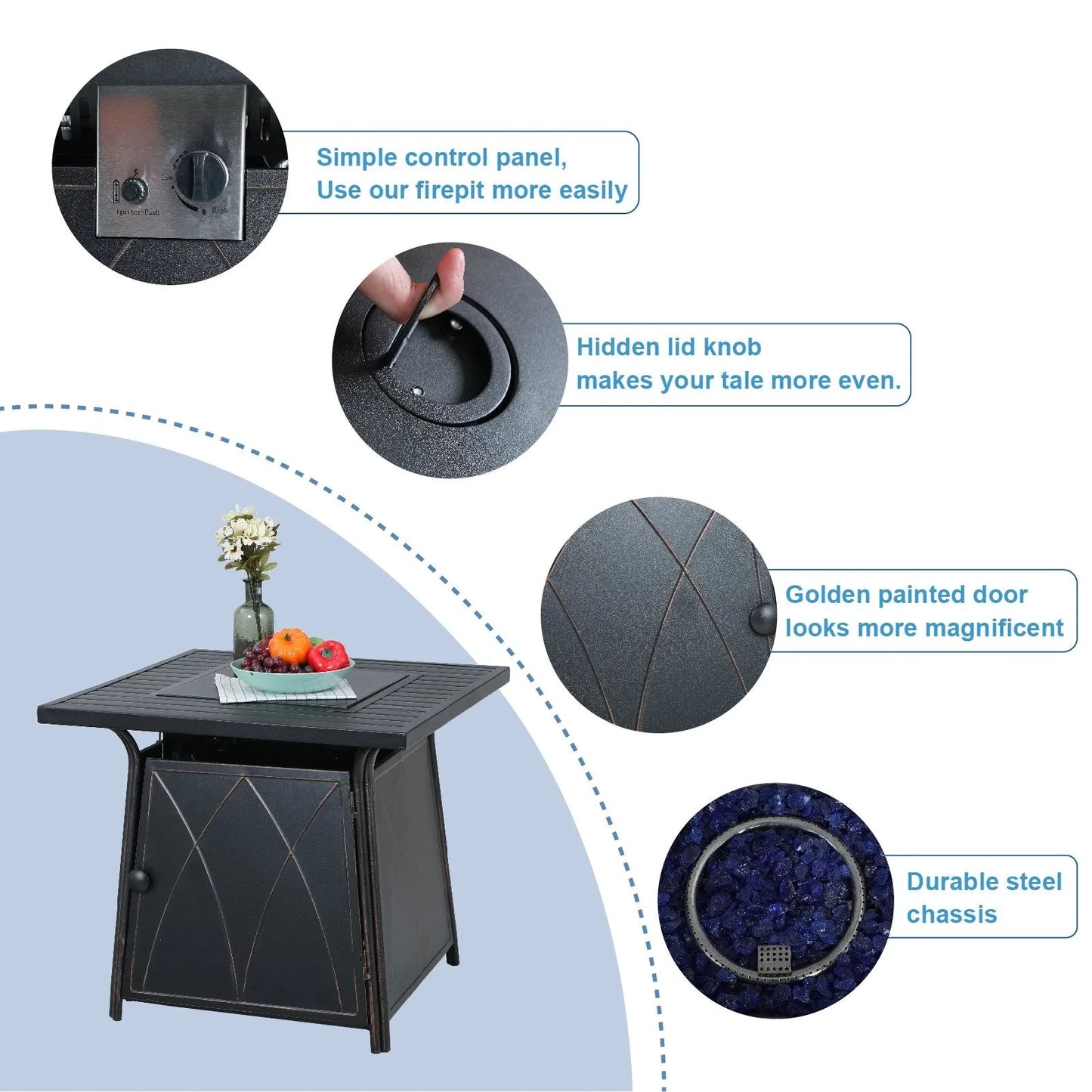 5-Piece Patio Fire Pit Set Rattan Dining Chairs & 50,000BTU Square Fire Pit Table