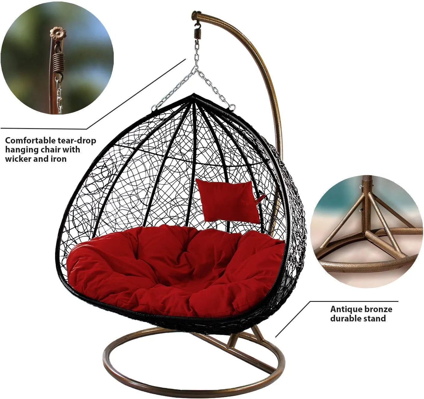 J.M.Deco Porch Swing Chair with Stand, Cushion & Pillow, Goldden Egg Rattan Wicker Swing Hanging Chair, Hammock Chair for Indoor, Outdoor, Garden, Backyard & Patio