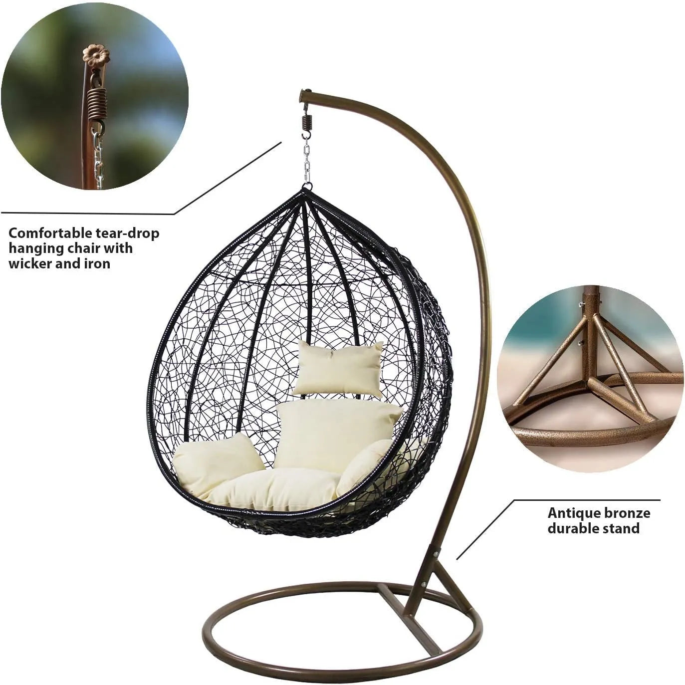 J.M.Deco Porch Swing Chair with Stand, Cushion & Pillow, Goldden Egg Rattan Wicker Swing Hanging Chair, Hammock Chair for Indoor, Outdoor, Garden, Backyard & Patio