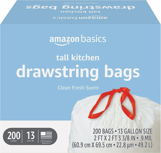Basics Tall Kitchen Drawstring Trash Bags, 13 Gallon, Unscented, 120 Count (Previously Solimo)
