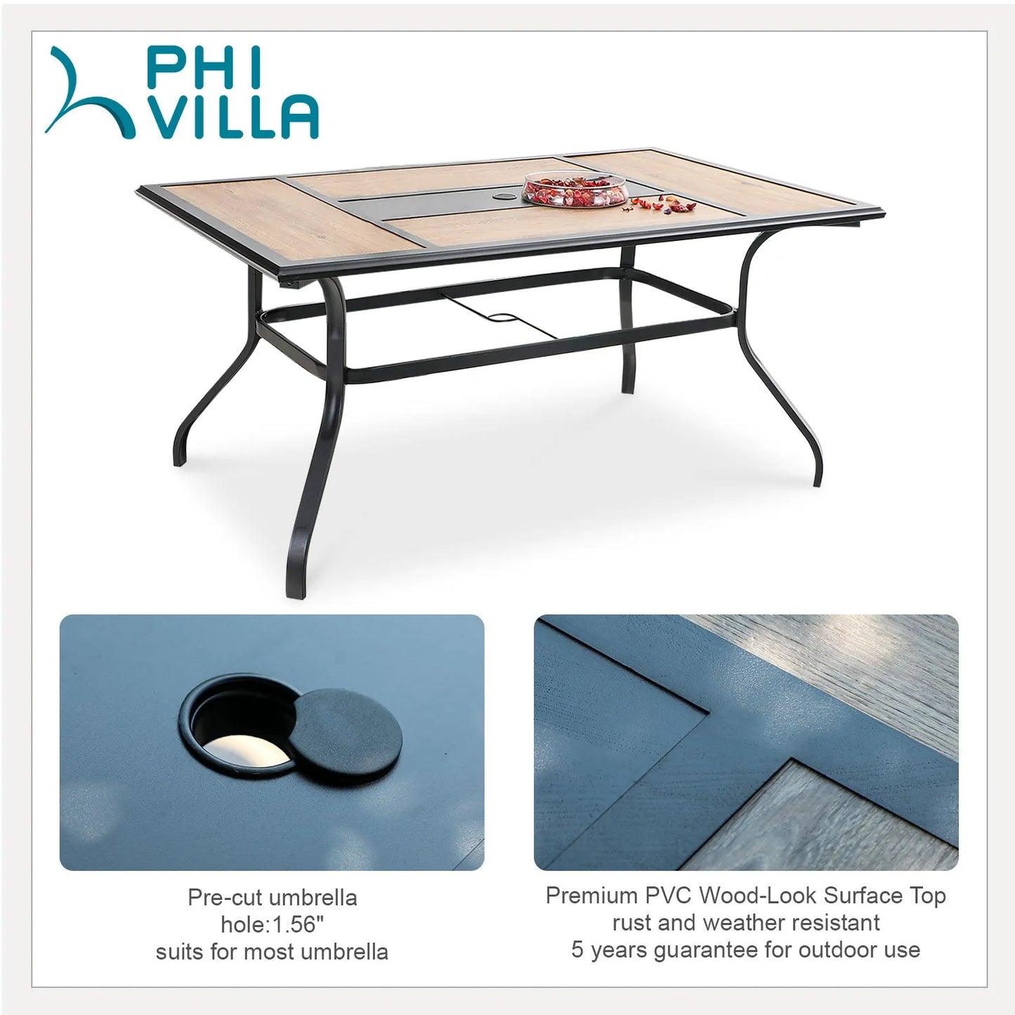 7-Piece Patio Dining Set With 6 Cushioned Steel & Rattan Chairs and Rectangle Table