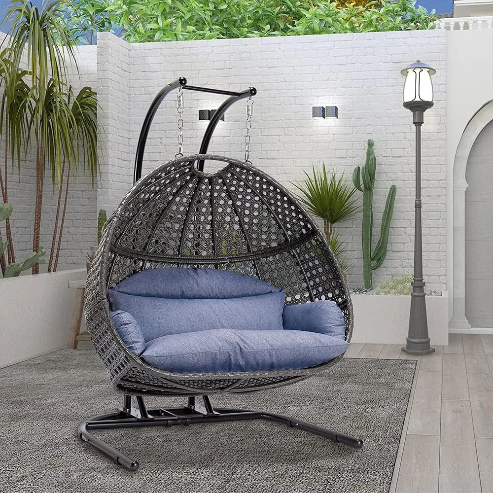 Hanging Egg Chair with Stand, 2 Person Heavy Duty Hanging Wicker Rattan Swing Chair Basket Hammock Nest Chair Seat for Indoor Outdoor Patio Lounger Swinging Loveseat (Beige)
