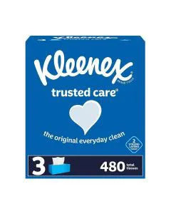 Kleenex Trusted Care Facial Tissues, 3 Flat Boxes, 160 Tissues Per Box, 2-Ply (480 Total Tissues)