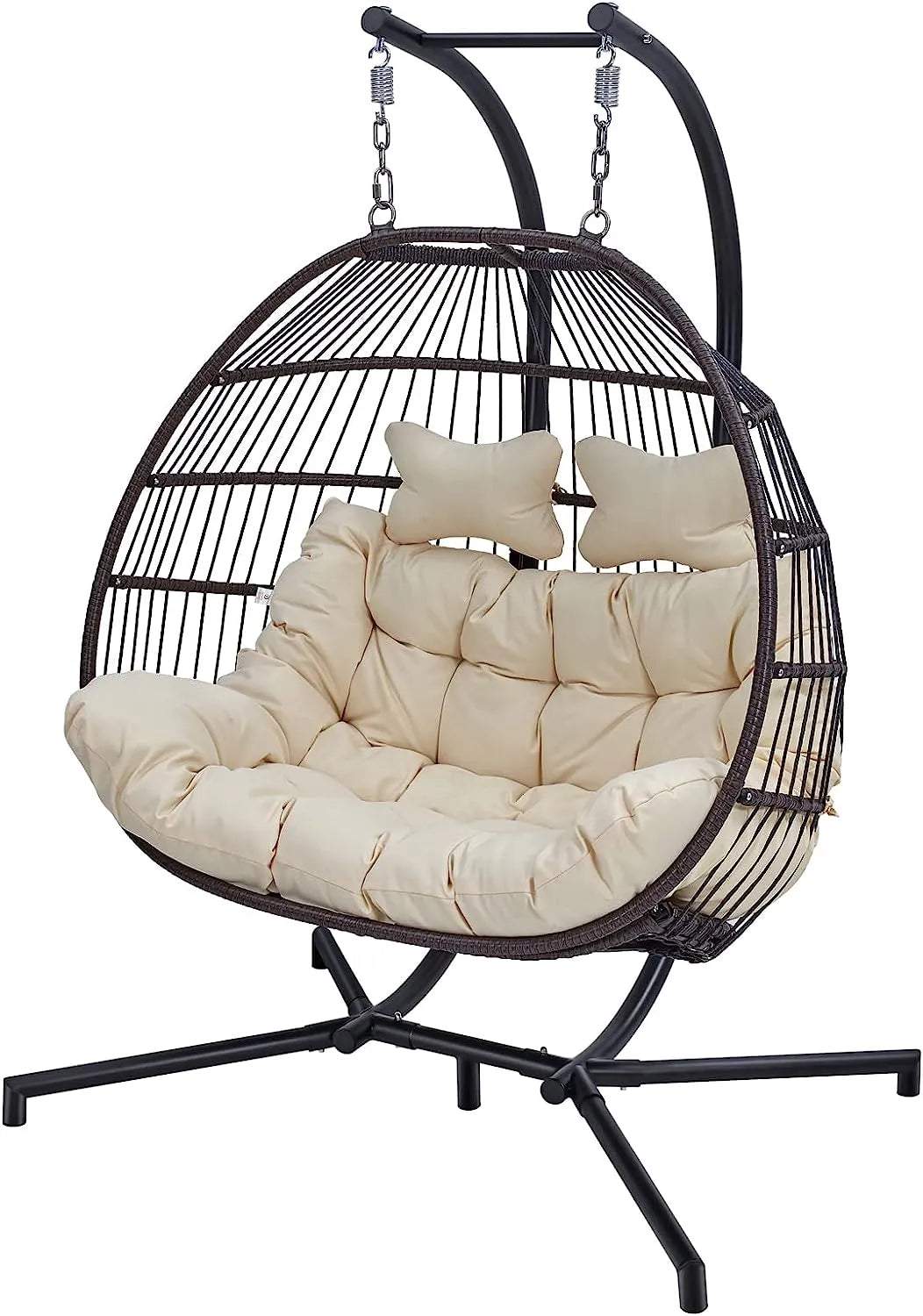 Hanging Egg Chair with Stand, 2 Person Heavy Duty Hanging Wicker Rattan Swing Chair Basket Hammock Nest Chair Seat for Indoor Outdoor Patio Lounger Swinging Loveseat (Beige)