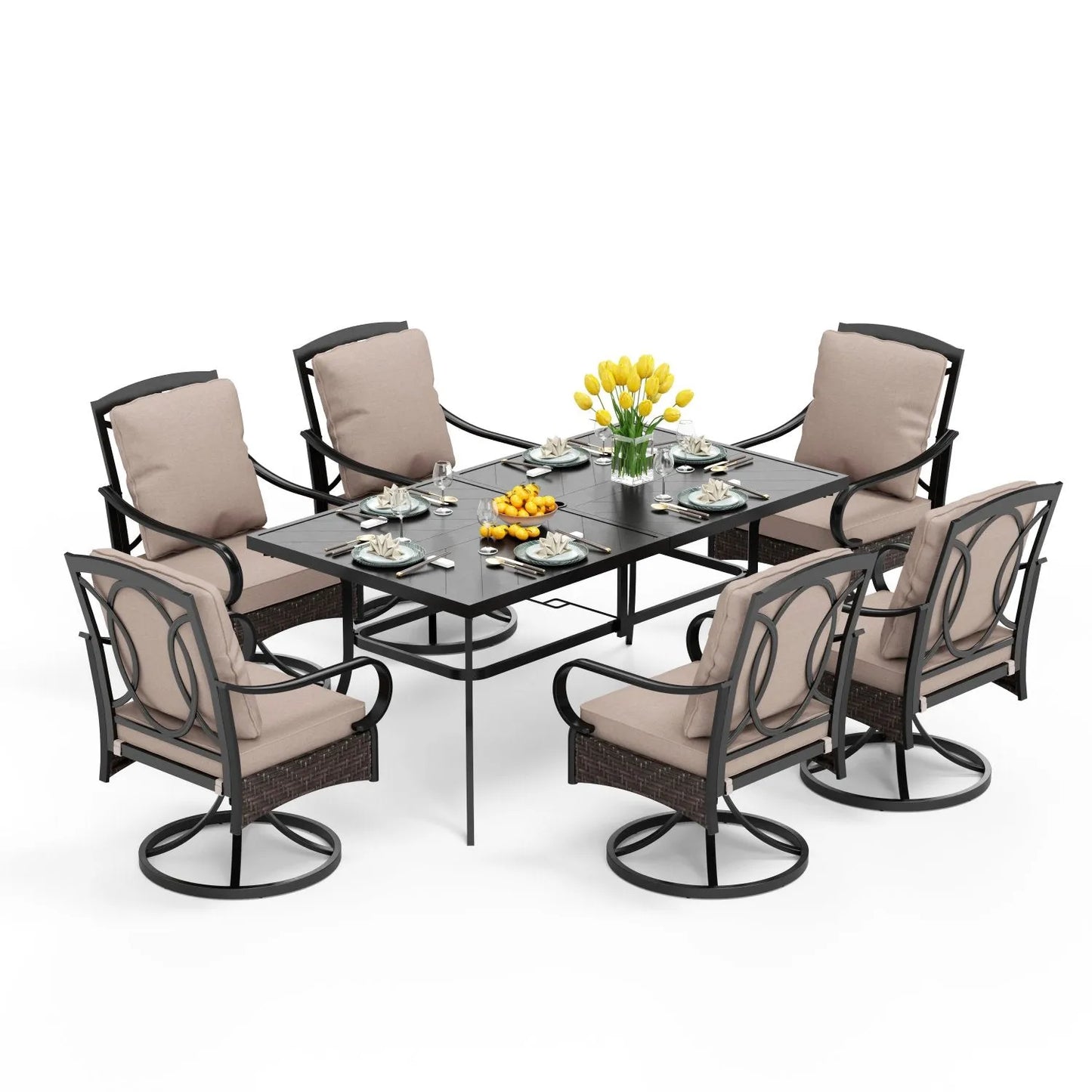 7-Piece Patio Dining Set With 6 Cushioned Steel & Rattan Chairs and Rectangle Table