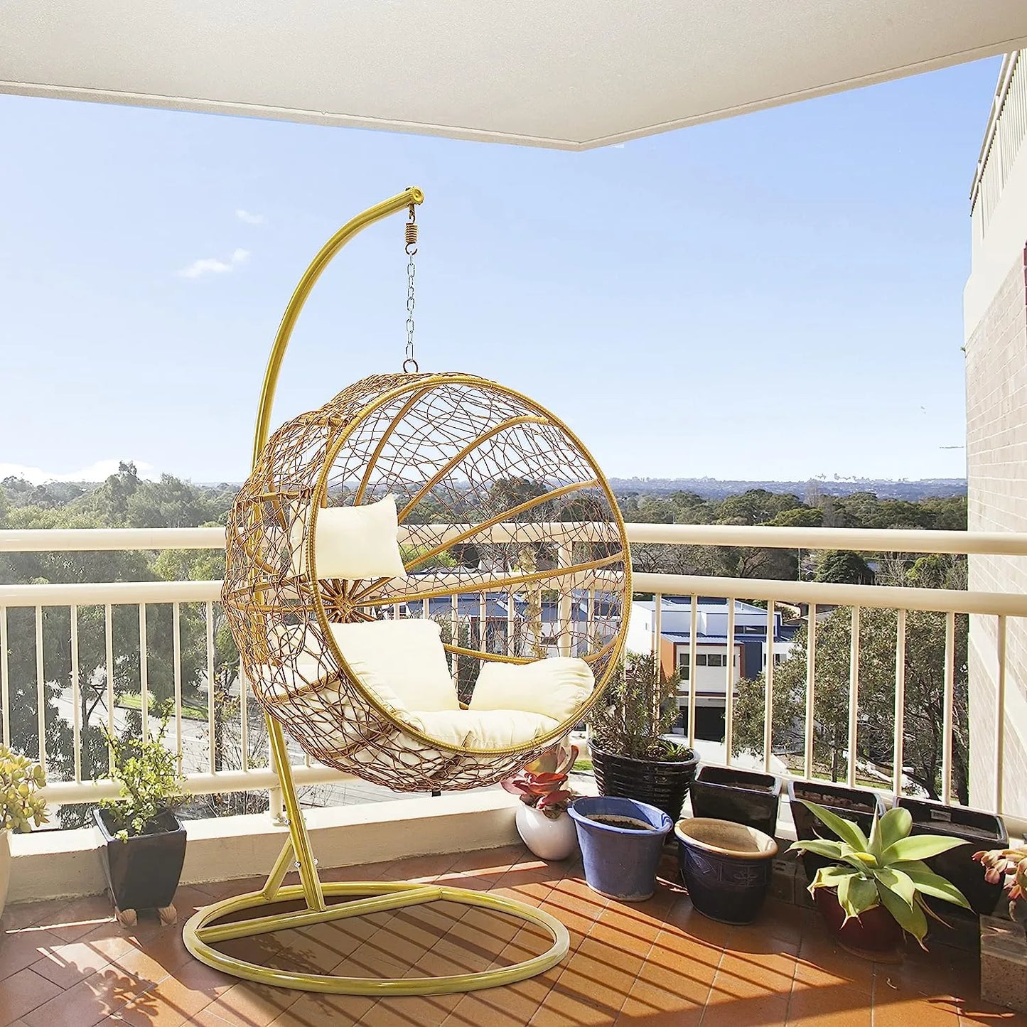 J.M.Deco Porch Swing Chair with Stand, Cushion & Pillow, Goldden Egg Rattan Wicker Swing Hanging Chair, Hammock Chair for Indoor, Outdoor, Garden, Backyard & Patio