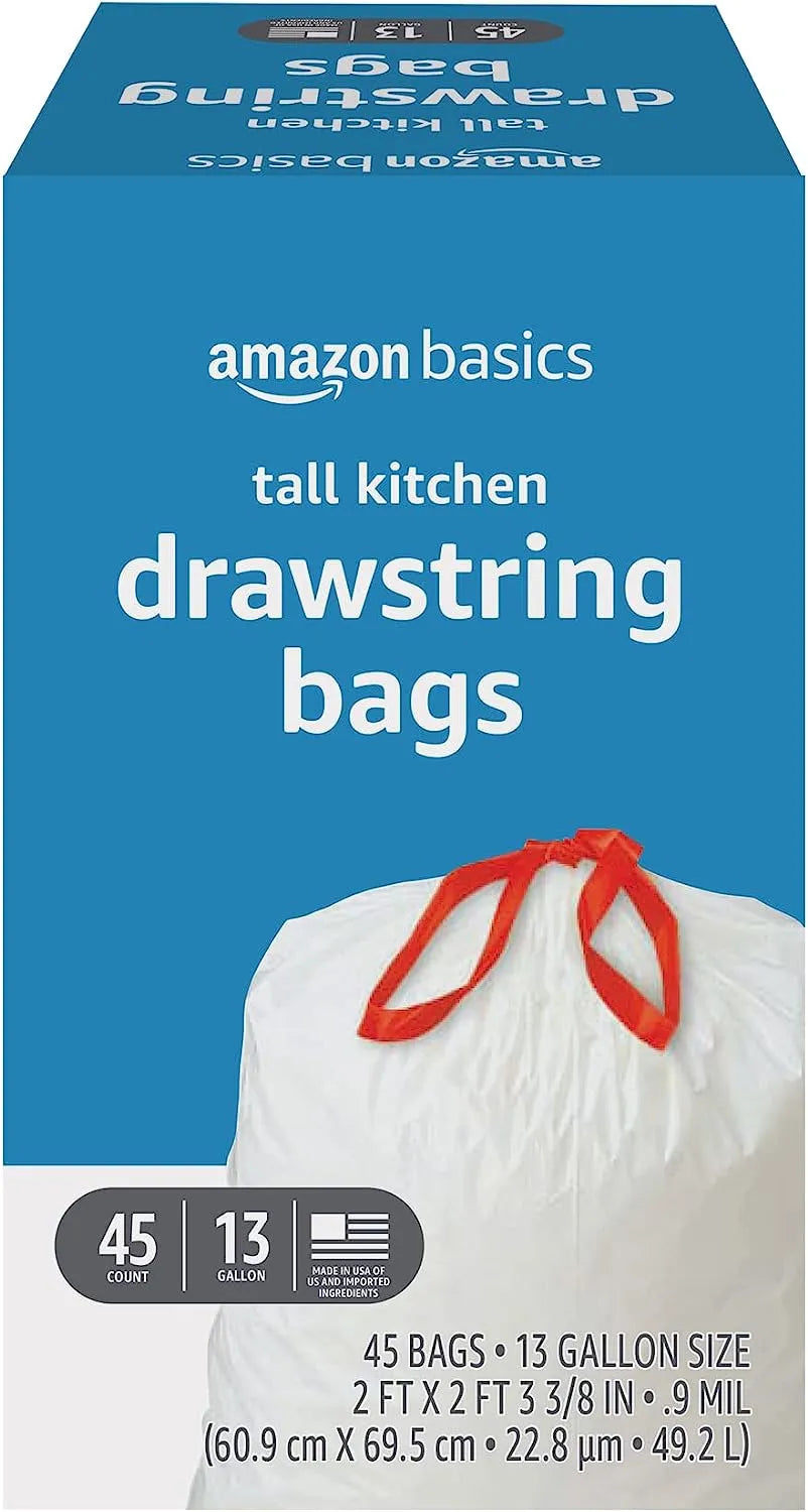 Basics Tall Kitchen Drawstring Trash Bags, 13 Gallon, Unscented, 120 Count (Previously Solimo)