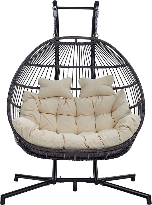 Hanging Egg Chair with Stand, 2 Person Heavy Duty Hanging Wicker Rattan Swing Chair Basket Hammock Nest Chair Seat for Indoor Outdoor Patio Lounger Swinging Loveseat (Beige)