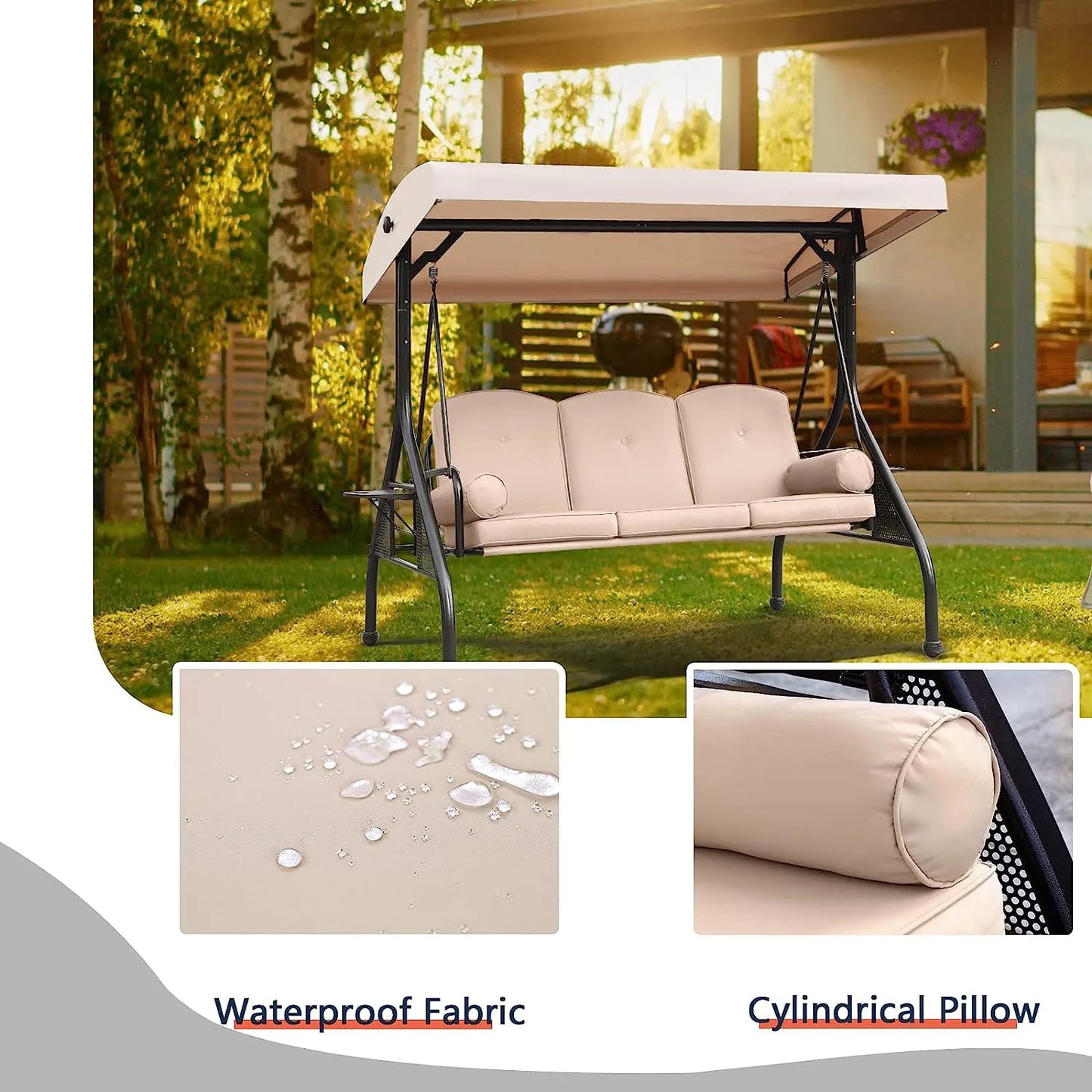 NOBLEMOOD Patio Porch Swing, 3-Seat Outdoor Swing with Adjustable Canopy, Thickened Cushion, Pillow and Foldable Side Tray for Patio, Backyard, Porch Swing Bed for Spring(Khaki)