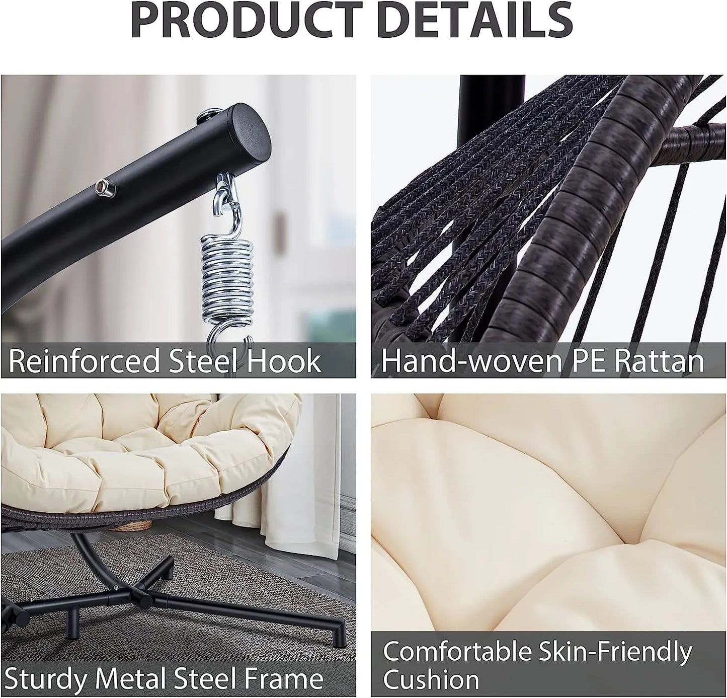 JOYBASE Hanging Egg Chair with Stand, Outdoor Wicker Rattan Egg Swing Chair with Stand and Cushion for Indoor Outdoor Bedroom Patio Garden (Grey/Black)