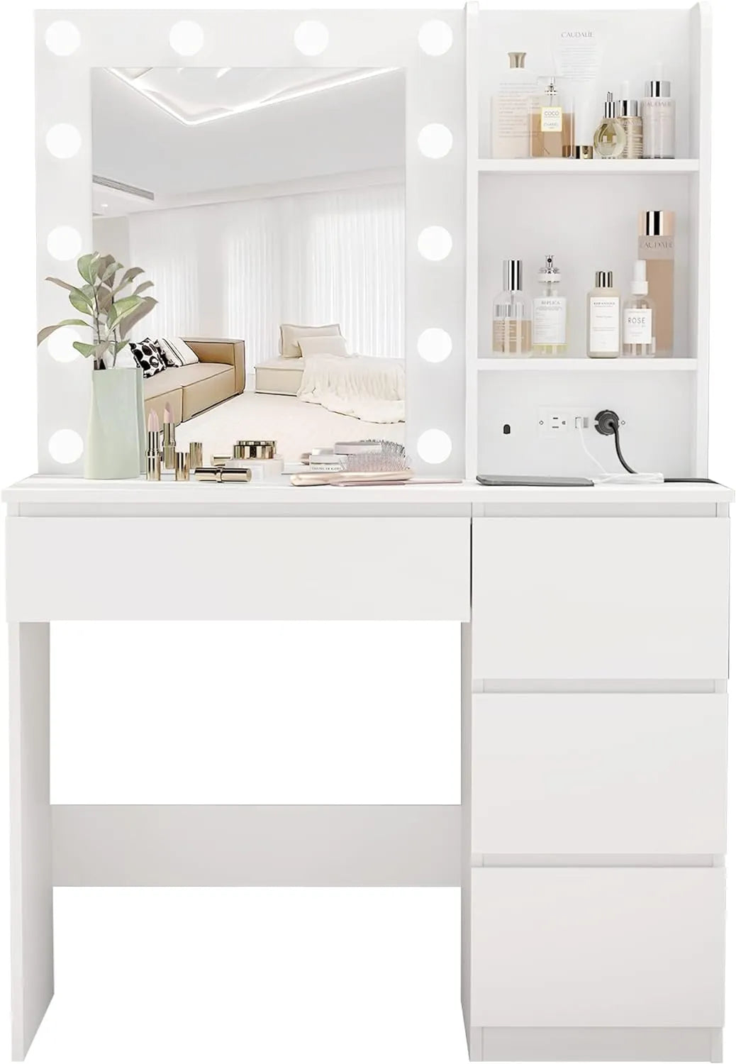 Vabches Makeup Vanity with Lights, 37inch Vanity Desk with Power Strip, 4 Drawers Makeup Table with Lighted Mirror, 3 Lighting Colors, White