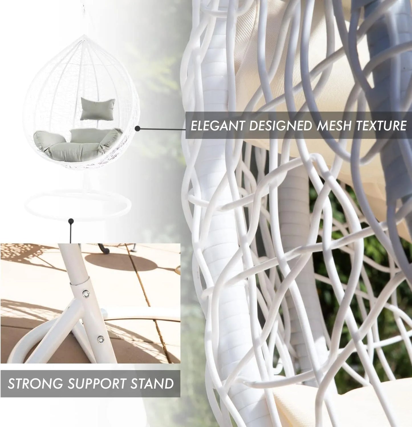 J.M.Deco Porch Swing Chair with Stand, Cushion & Pillow, Goldden Egg Rattan Wicker Swing Hanging Chair, Hammock Chair for Indoor, Outdoor, Garden, Backyard & Patio