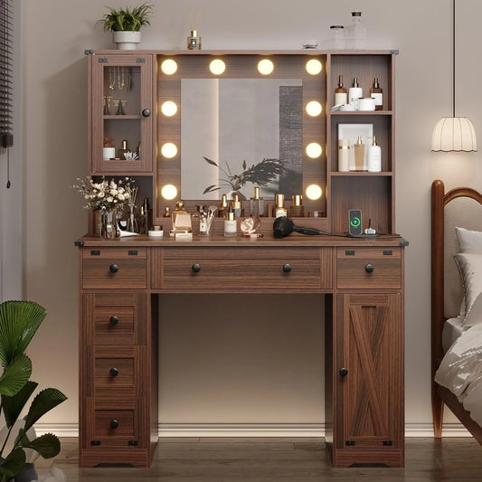 DICTAC Farmhouse Makeup Vanity Desk with Mirror and Lights, Large Vanity Table with Charging Station, 43'' Bedroom Dressing Table with 6 Drawers & 2 Cabinets, 3 Color Lighting Modes, Brown