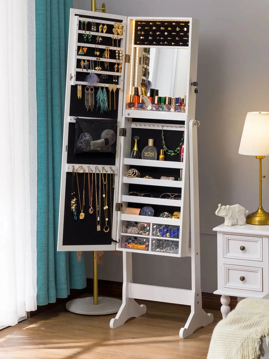 Stella 6 Standing Jewelry Armoire Full Length Mirror With Built-in Lights ?White