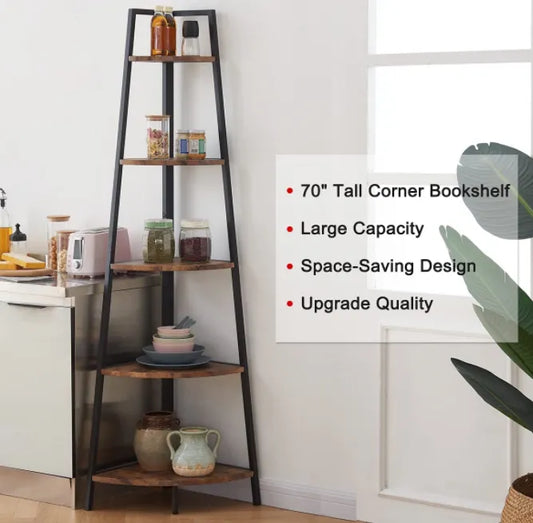OIAHOMY Corner Shelf 70 Inch Tall Bookcase 5- Tier Industrial Corner Bookshelf Corner Ladder Shelf Small Bookshelf Rustic Plant Stand Rack Freestanding -Rustic Brown
