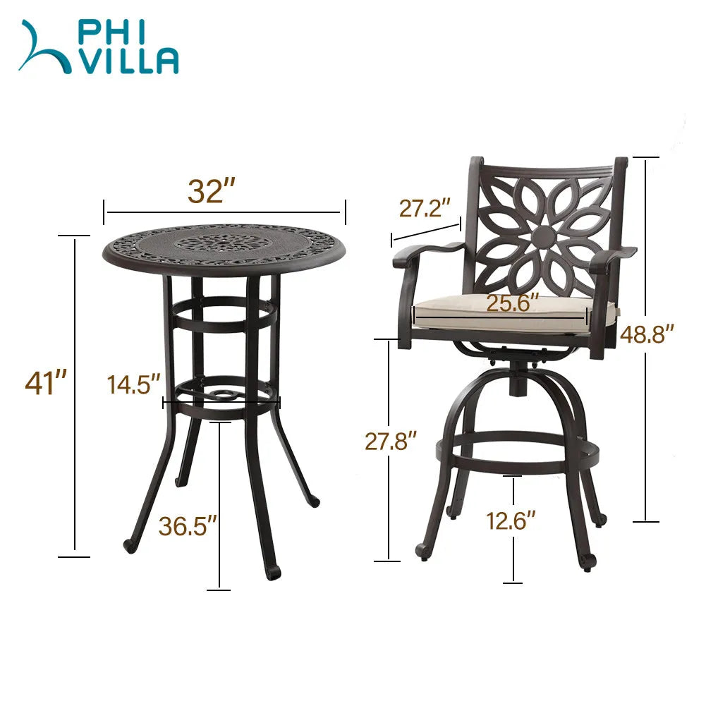 Cast Aluminum Patio Outdoor Pub Height Swivel Bistro Bar Stools Chairs & Table