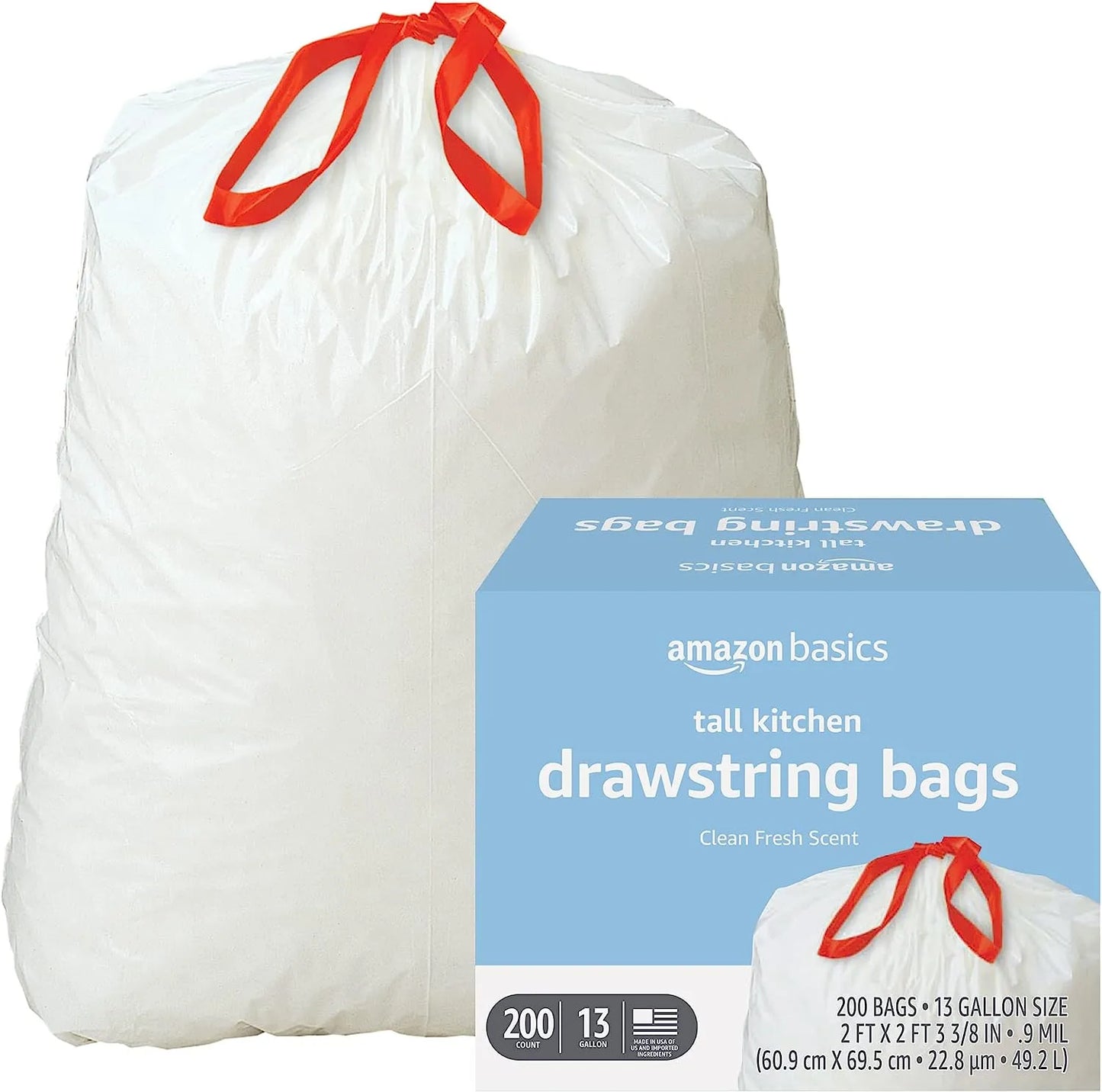 Amazon Basics Tall Kitchen Drawstring Trash Bags, 13 Gallon, Unscented, 120 Count (Previously Solimo)