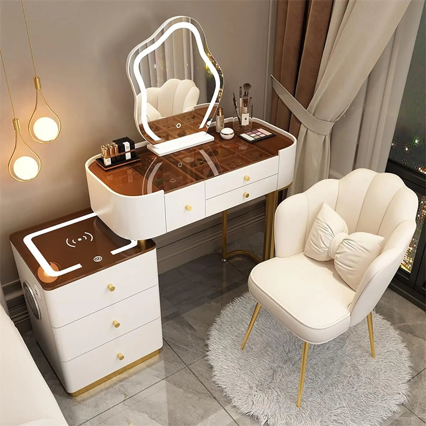 Make-up Set with Charging Station, Makeup Mirror, Large Dressing Table with 3-Colour Adjustable Touch Light, Bluetooth Speaker, Padded Stool for Women and Girls