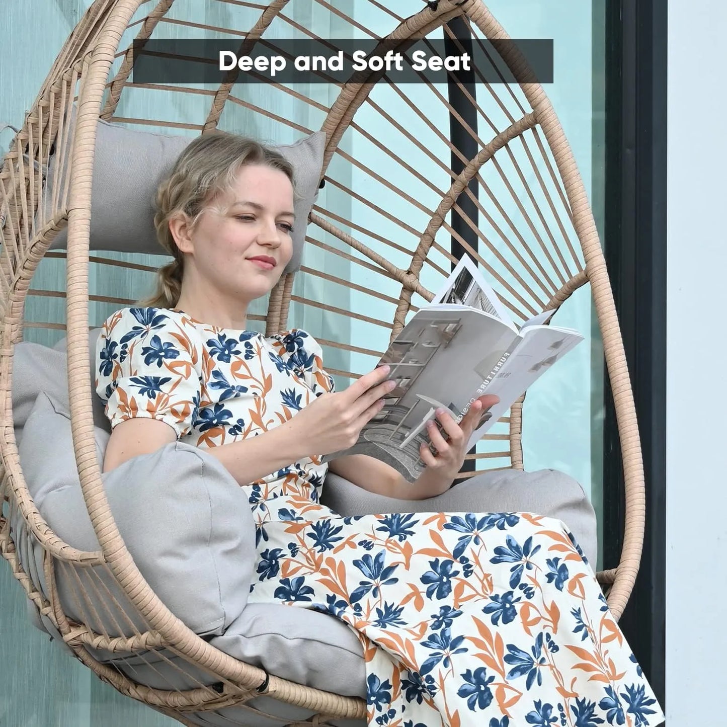 JOYBASE Hanging Egg Chair with Stand, Outdoor Wicker Rattan Egg Swing Chair with Stand and Cushion for Indoor Outdoor Bedroom Patio Garden (Grey/Black)