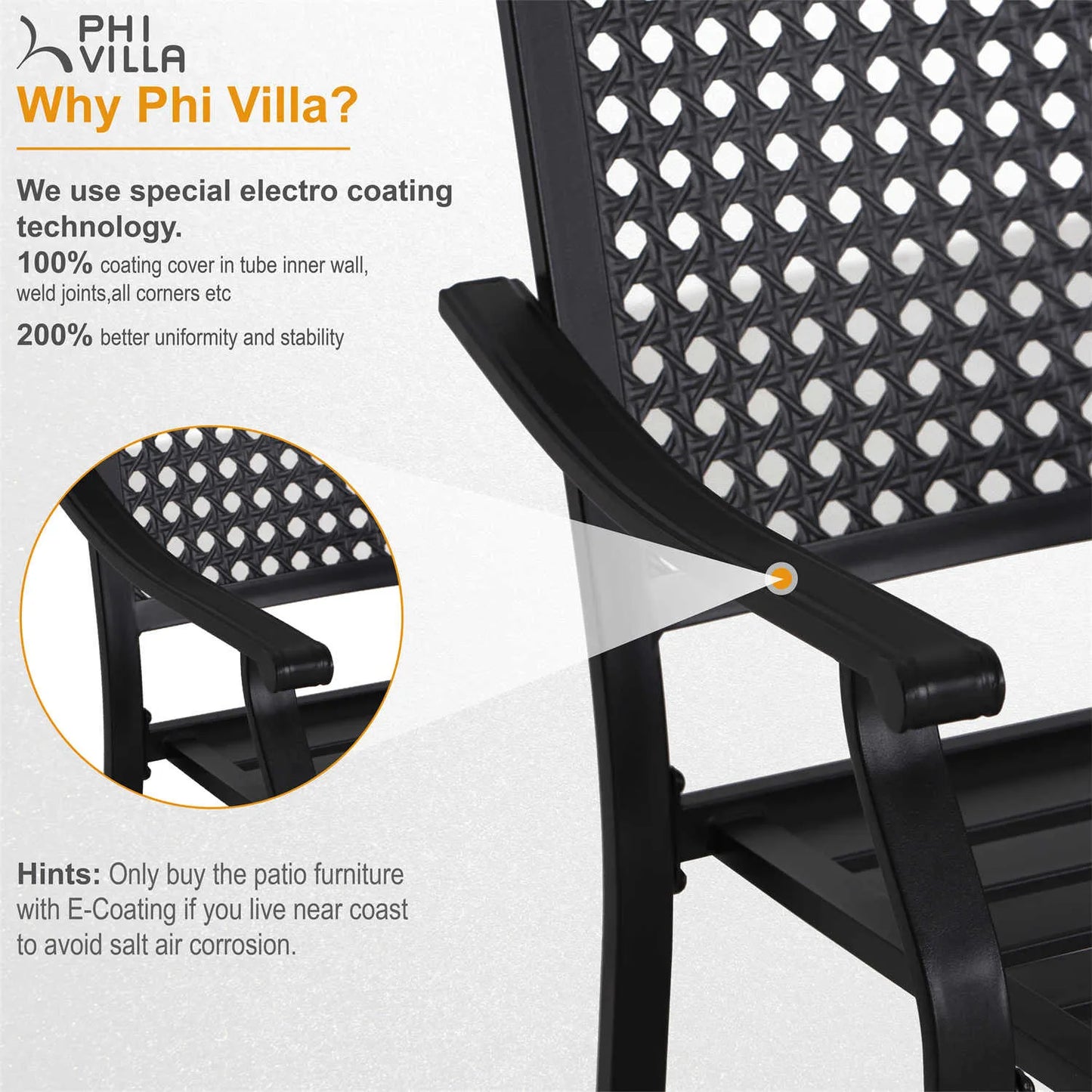 Outdoor Fixed Steel Dining Chairs with Bullseye Flower Pattern - Set of 2