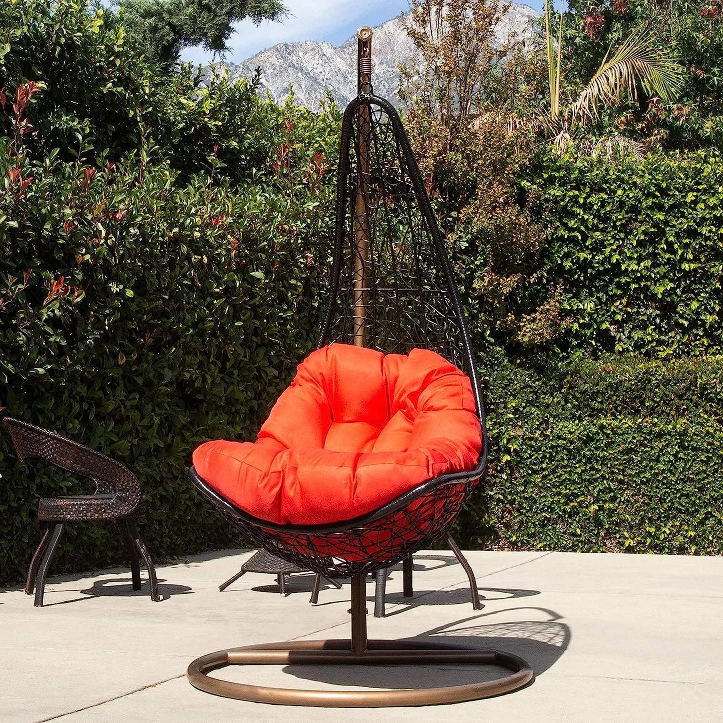 J.M.Deco Porch Swing Chair with Stand, Cushion & Pillow, Goldden Egg Rattan Wicker Swing Hanging Chair, Hammock Chair for Indoor, Outdoor, Garden, Backyard & Patio