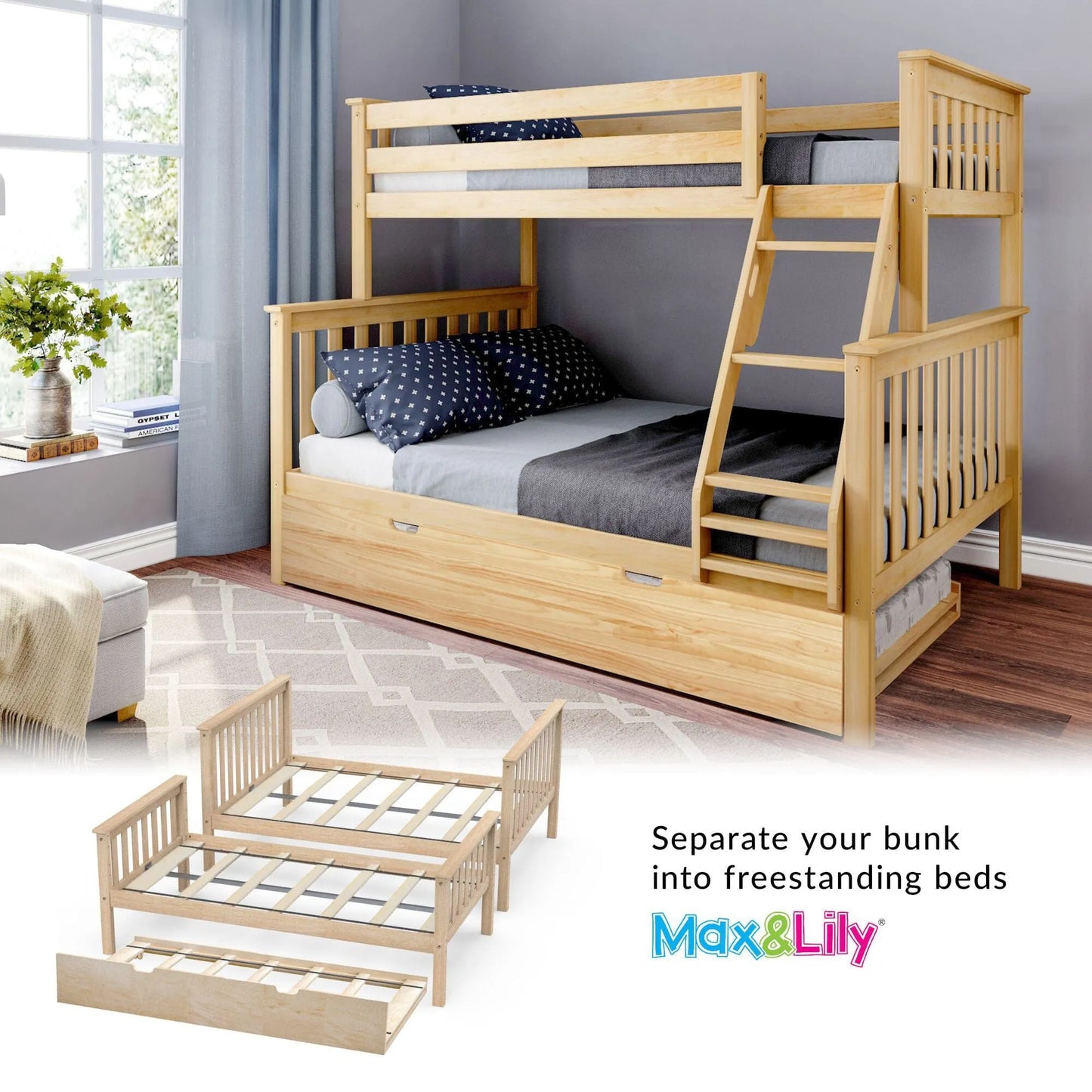 🎄Store Closing Sale💖Kids Solid Wood Twin-Over-Full Bunk Bed + Trundle Bed
